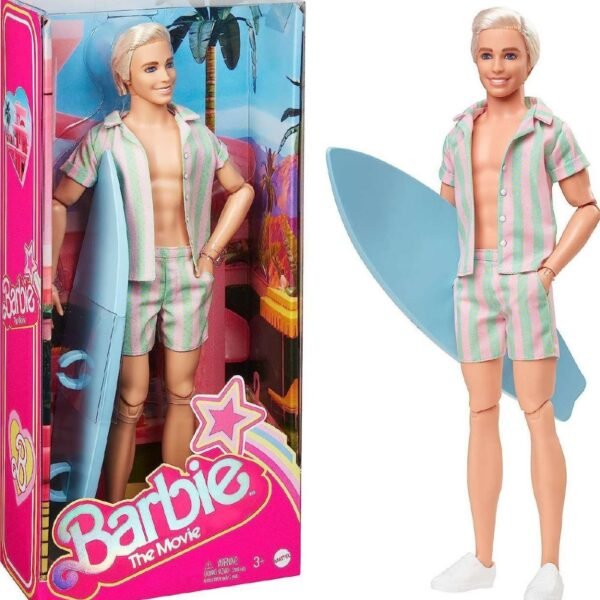 Barbie ken Doll Wearing pastel Pink and Green striped beach matching Set with Surfboard and white Sneakers