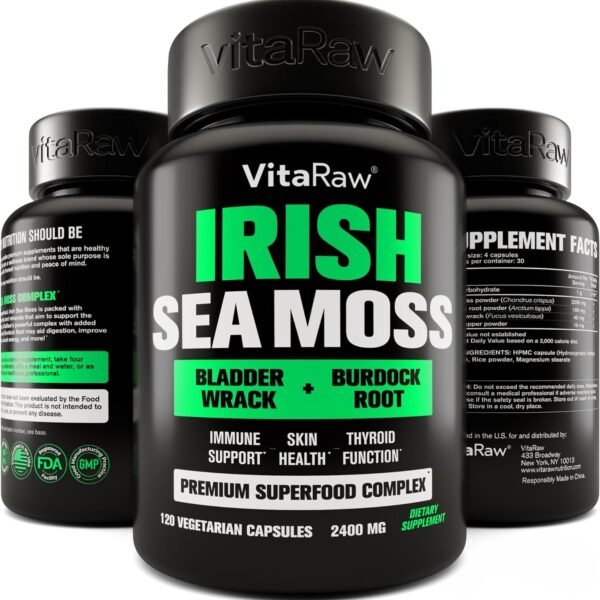 Organic Irish Sea Moss Capsules 2400 mg - Burdock Root and Bladderwrack Powder Real Seamoss Pills for Immune Support