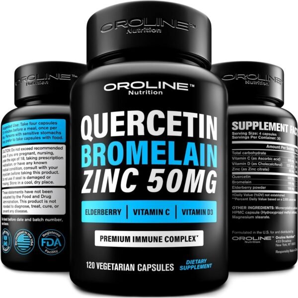 Quercetin 500mg Supplement with Sambucus Elderberry, Bromelain, Vitamin C, Zinc 50mg, & Vitamin D3 5000 IU